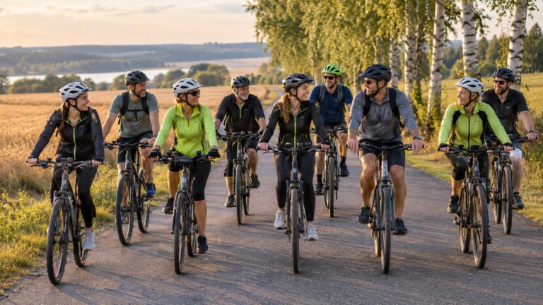 Grupa rowerzystów w różnym wieku jedzie razem wiejską drogą