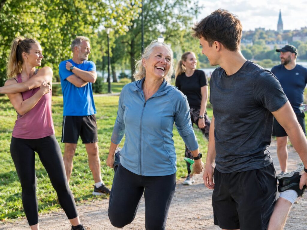 A running group of all ages warming up together in a park