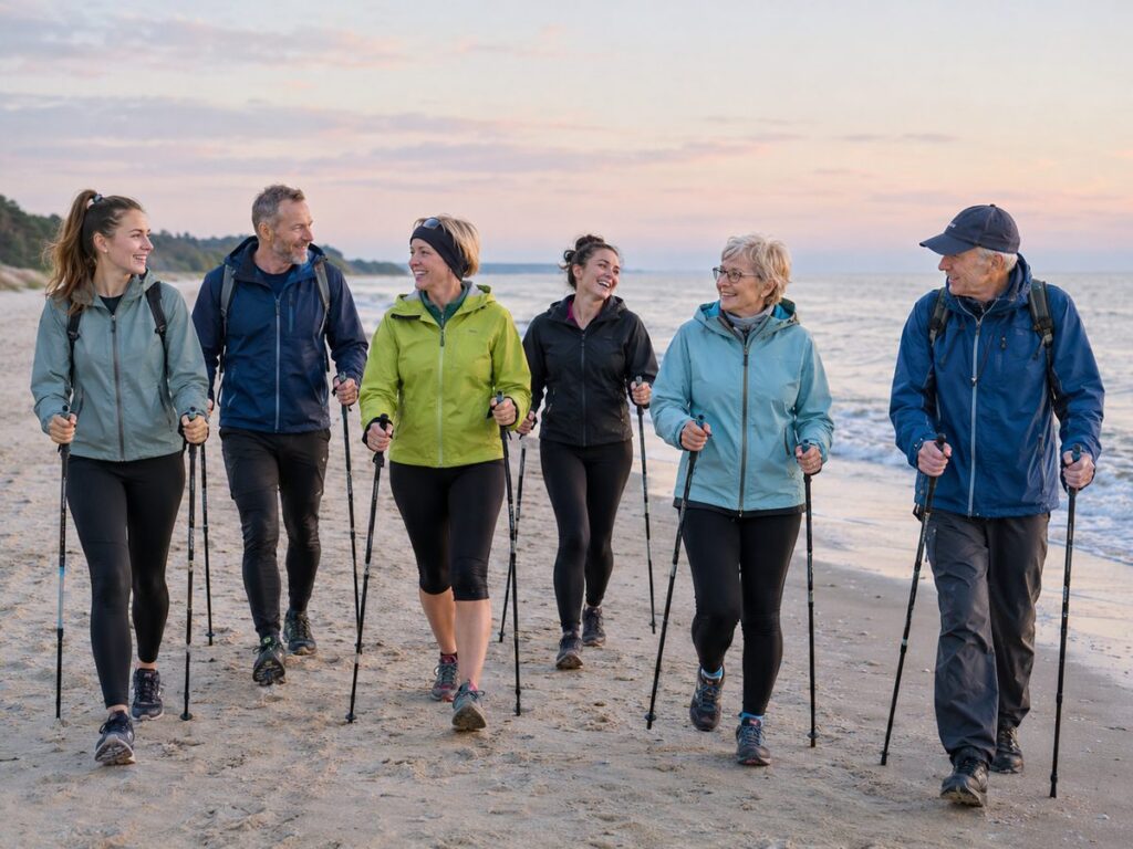 A nordic walking group on a Baltic beach in the morning