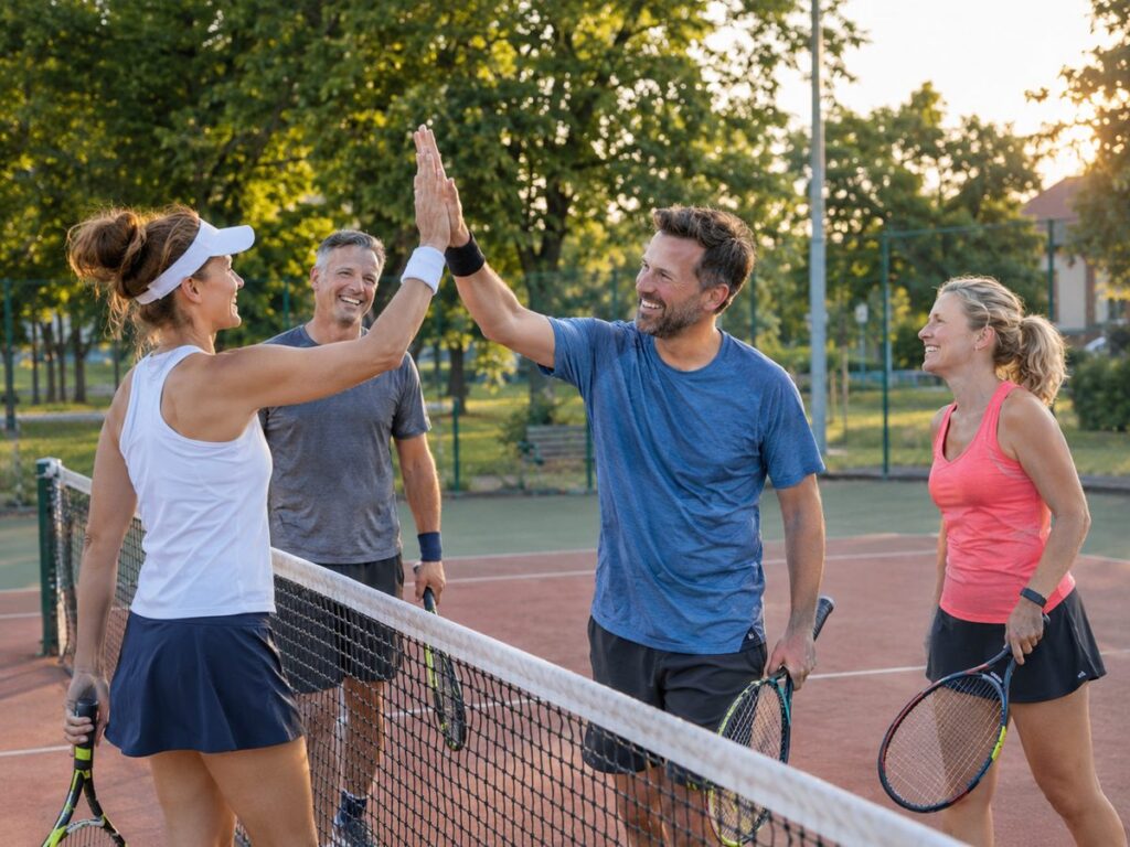 Four people high fiving after a doubles tennis match