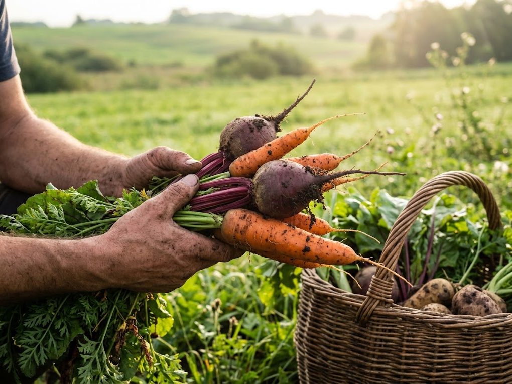 Freshly harvested carrots and beetroots in a farmer's hands