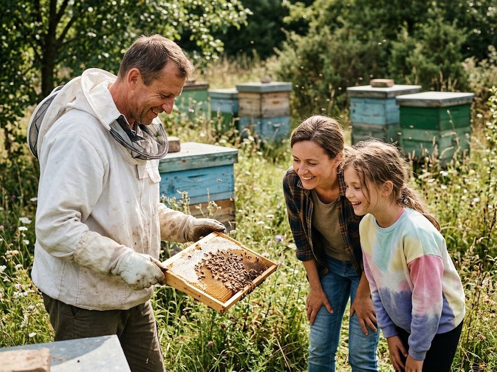 A beekeeper shows a honeycomb frame to a mother and daughter
