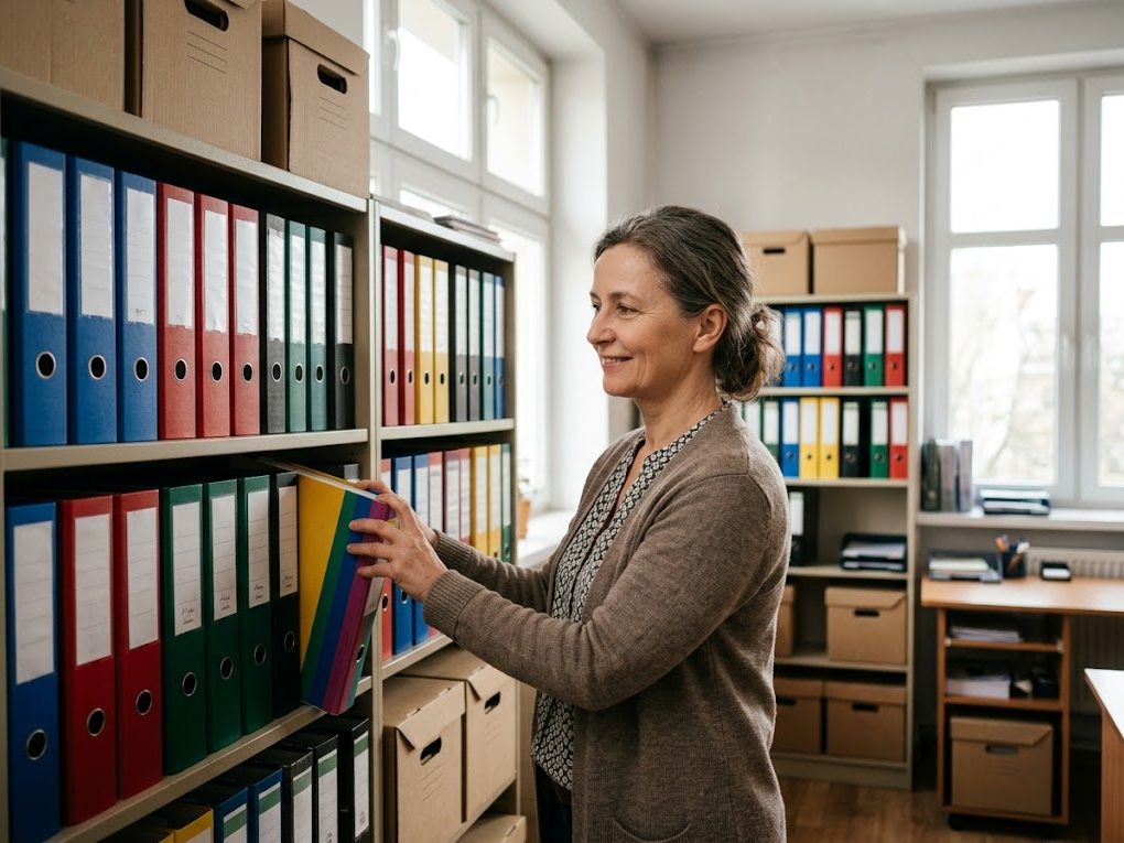 An accountant puts a binder back on a tidy archive shelf