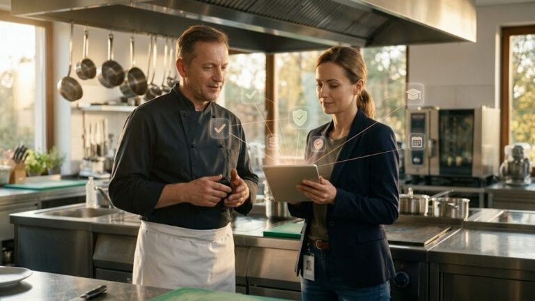 A chef and a food safety manager in a modern kitchen, with an AI assistant mapping the work stations from a tablet